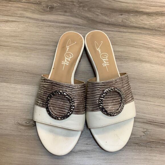 Joan Oloff Womens 7M Leather Slip On Slide Sandals White Silver Ring Accent - Picture 6 of 11